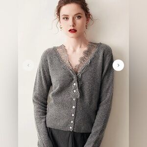 FIBFLX V-Neck Cashmere Cardigan Sweater with Lace Trim size Large
